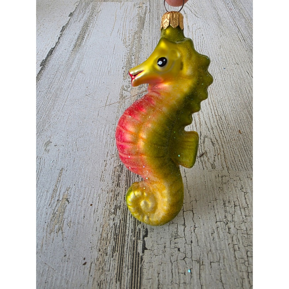 Vintage frost charlie radko glitter seahorse green pink ornament nautical‎ ocean